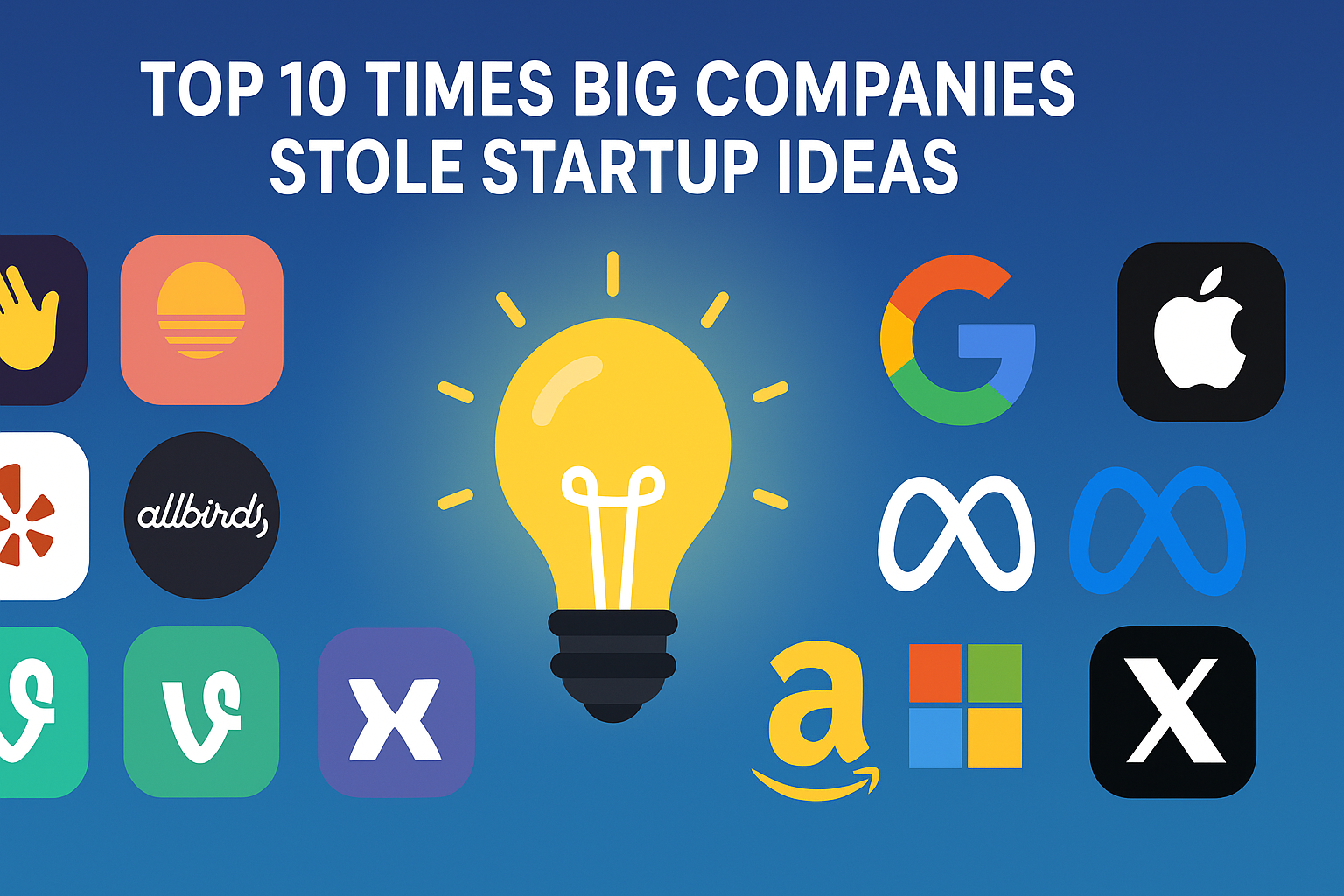 Flat digital illustration of a glowing lightbulb in the center with startup logos like Clubhouse, Pebble, Slack, Yelp, Allbirds, and Vine on the left, facing big tech logos like Google, Apple, Meta, Amazon, Microsoft, and X on the right, symbolizing how big companies stole startup ideas.
