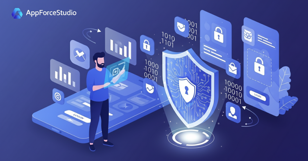 Illustration of a founder standing beside a digital shield representing app security basics and data protection.