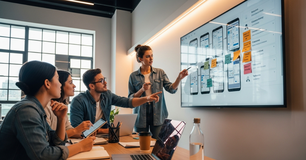 Startup product team collaborating around a large screen with app wireframes and community feedback notes, representing a community-led approach to building successful products.
