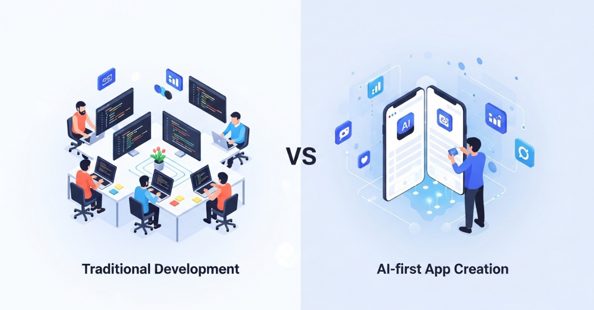 Comparison of traditional app development vs AI-first app builders in 2025 showing cost and time differences