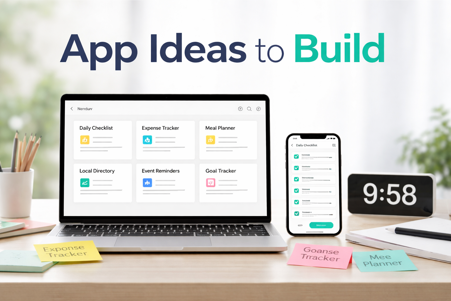 Workspace showing app ideas to build, with a laptop and phone displaying simple app concepts like checklist, expense tracker, and goal tracker for first-time app builders